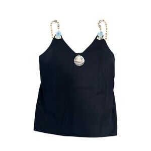 Ziani Couture Tank Top Womens M Black Ribbed Knit Cami Beaded Straps